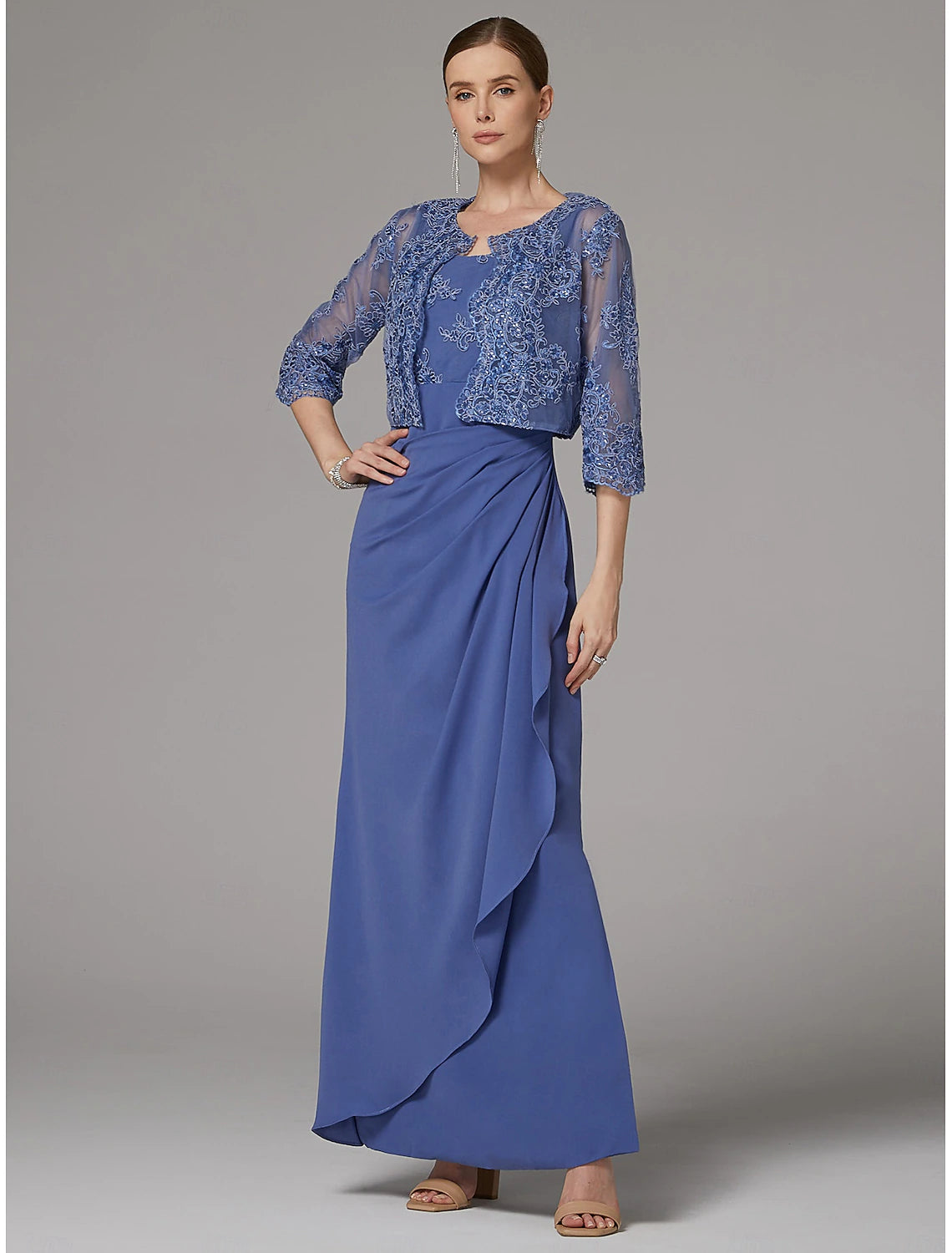 Buyishang Two Piece Sheath Dress Mother of the Bride Dress Elegant Sparkle & Shine Jewel Neck Ankle Length Lace Stretch Fabric 3/4 Length Sleeve with Lace